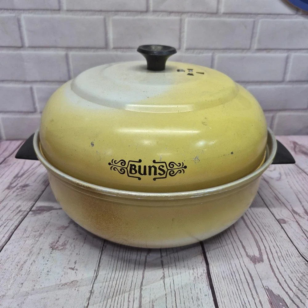Vintage Mirro Aluminum Bun Warmer Steamer Harvest Yellow Buns Pot USA Made